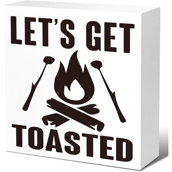 Zomyto 5x5 In Let's Get Toasted Camping Quote Camping Wooden Box Sign for Campers Home Tent Hotels Shelf Table Decor