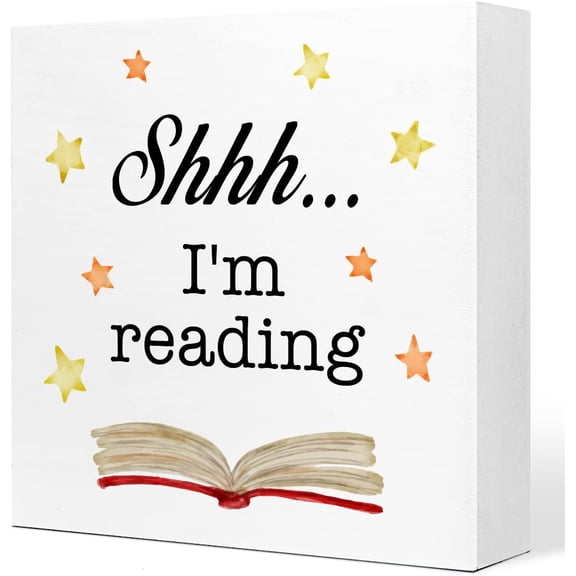 Zomyto 5x5 In Library Desk Decor,Shhh I'm Reading Wooden Box Sign Reading Room Sign,Book Lover Desk Decor