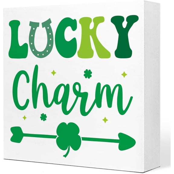 Zomyto 5x5 In Lucky Charm Wood Block Plaque Box Sign for Saint Patricks Day Party Desk Tabletop Decor