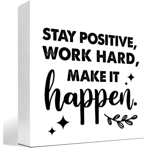 Zomyto 5x5 In Positive Wooden Box Sign Desk Decor,Stay Positive Work Hard Make It Happen Wood Plaque Sign,Rustic
