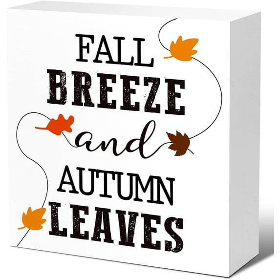 Zomyto 5x5 In Rustic Autumn Decor Wooden Box Sign,Fall Breeze and Autumn Leaves