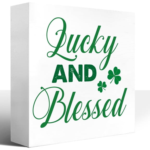 Zomyto 5x5 In St Patricks Day Shamrock Wooden Box Sign,Lucky and Blessed Wood Block Plaque Box Sign