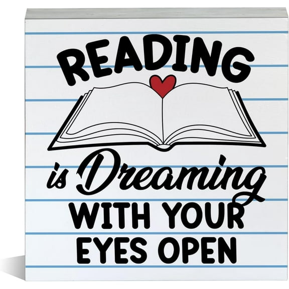 Zomyto 5x5 Inch Book Lover Decor Reading Is Dreaming With Your Eyes Open Wooden Box Sign Rustic Decorative Desk Sign Home Library Shelf Tabletop Decor