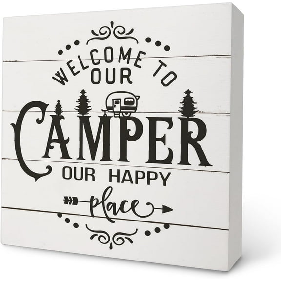 Zomyto 5x5 Inch Camper Welcome Box Sign - Camper Gifts, RV Wooden Desk Sign, Travel Wall Decor, Camping Decor for Camper, Camper Decor