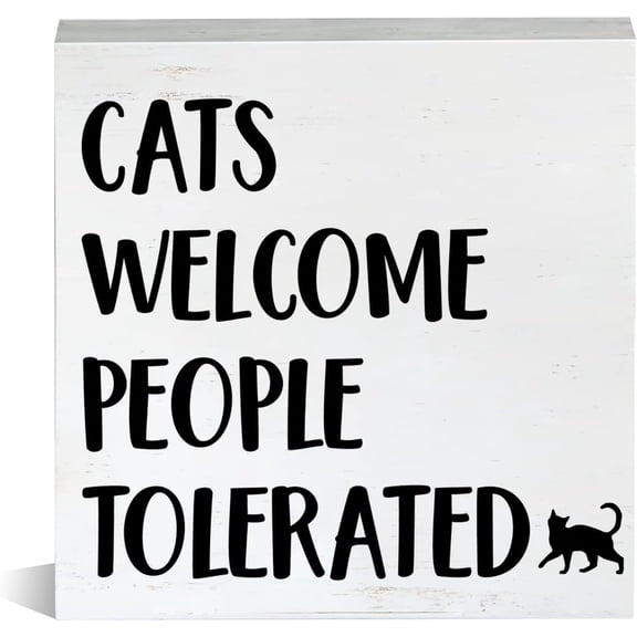 Zomyto 5x5 Inch Cats Welcome People Tolerated Quote Sayings Wooden Box Sign Wood Block Tabletop Sign