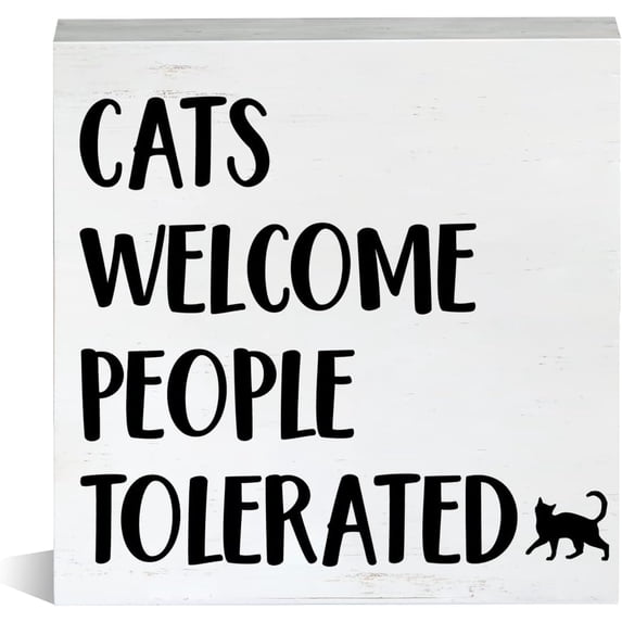 Zomyto 5x5 Inch Cats Welcome People Tolerated Quote Sayings Wooden Box Sign Wood Block Tabletop Sign