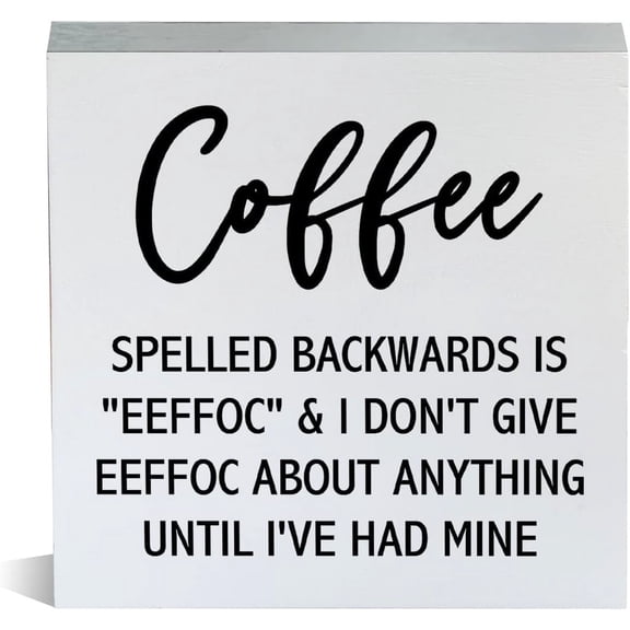 Zomyto 5x5 Inch Farmhouse Coffee Spelled Backwards Wooden Box Sign Rustic Style Humor Coffee Quote Wood Block Tabletop Sign Decorative Desk Sign