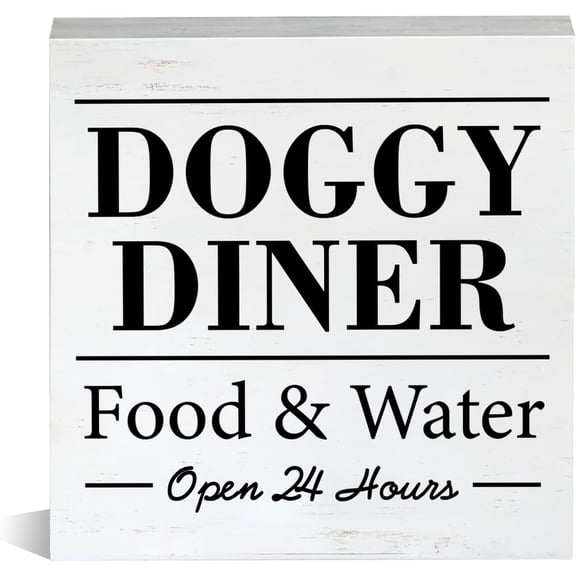 Zomyto 5x5 Inch Farmhouse Doggy Diner Open 24 Hours Wooden Box Sign Dog Food Area Wood Block Tabletop Sign
