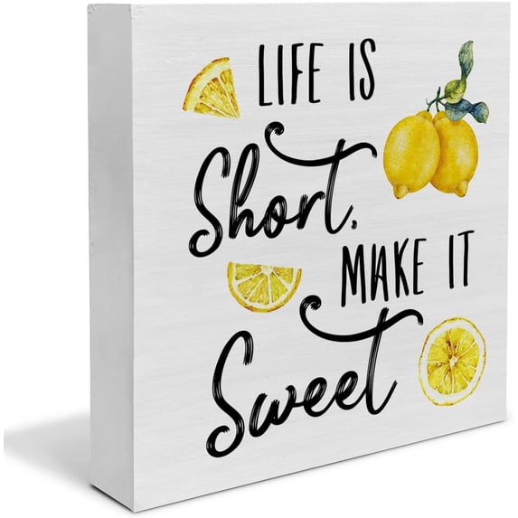 Zomyto 5x5 Inch Farmhouse Lemon Wooden Box Sign Life is Short Make It Sweet