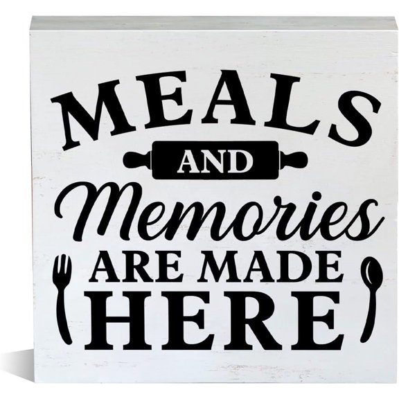 Zomyto 5x5 Inch Farmhouse Meals and Memories Are Made Here Wooden Box Sign Home Sign Kitchen Wood Block Tabletop Sign Decorative Desk Sign Home Décor