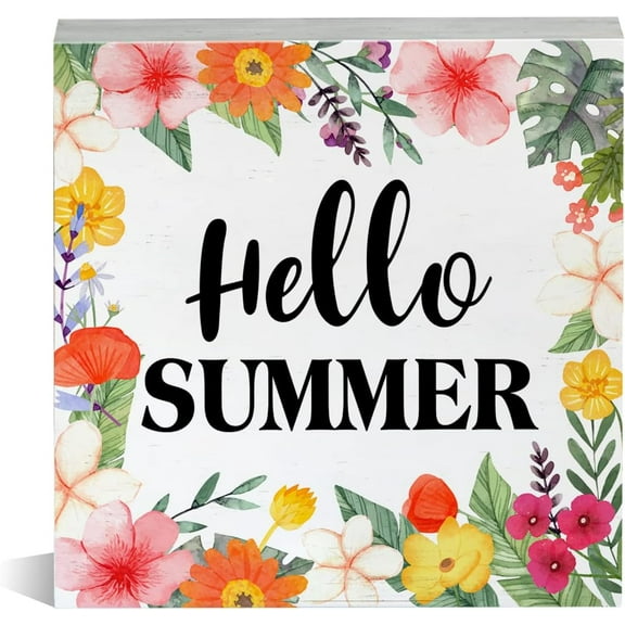 Zomyto 5x5 Inch Floral Hello Summer Wooden Box Sign Colorful Flowers Wood Block Tabletop Sign Decorative Summer Desk Sign Home Office Shelf Decor
