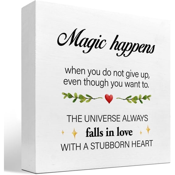 Zomyto 5x5 Inch Inspirational Wood Sign,Magic Happens When You Do not Give Up Wooden Box Sign Desk Decor Sign Wooden Box Plaque Sign