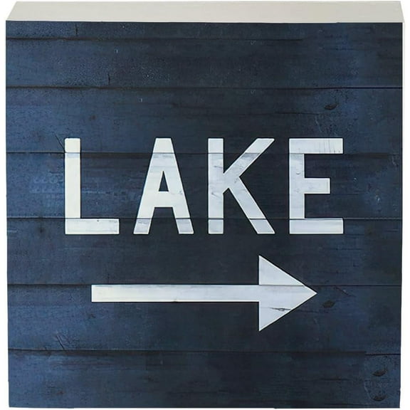 Zomyto 5x5 Inch Lake Arrow Navy Blue Wooden Box Sign Decor,Lake Lover Gift,Housewarming Gift,Rustic Lake Themed Wooden Block Plaque