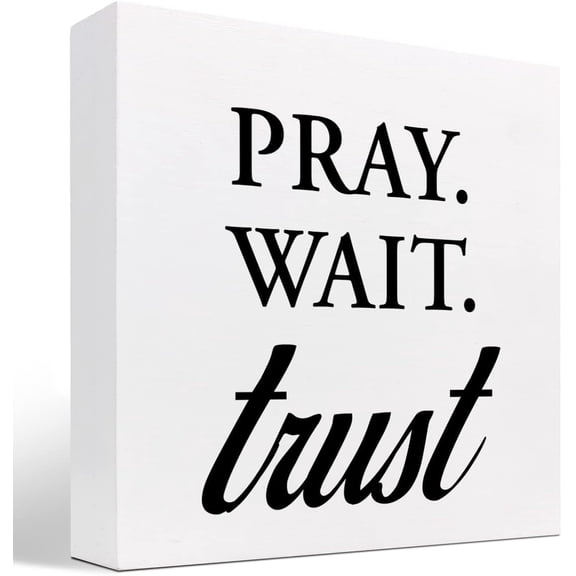 Zomyto 5x5 Inch Motivational Quote Pray Wait Trust Wooden Box Sign Decor Desk Sign,Inspirational Christian Wooden Box Block Sign