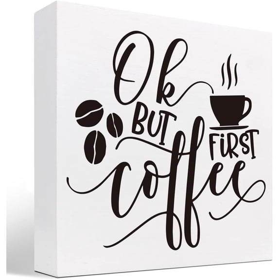Zomyto 5x5 Inch OK But First Coffee Wooden Box Sign Desk Decor Cup Wood Block Plaque Box Sign Desk Decorations