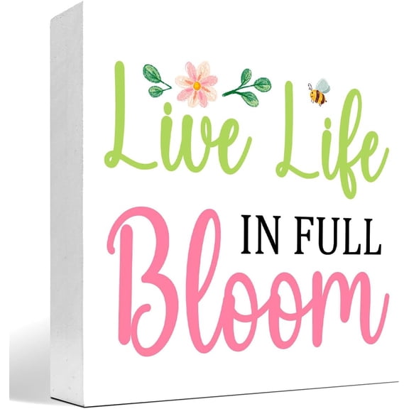 Zomyto 5x5 Inch Spring Desk Decor,Live Life In Full Bloom Wood Sign,Spring Block Desk Decor,Inspirational Spring Quote Wooden Plaque Sign