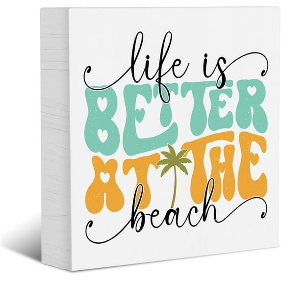 Zomyto 5x5 Inches Beach Decor Beach Gifts Wood Box Signs Ocean Coastal Decor Summer Decorations for Home Beach Desk Decor Wooden Box Signs for Tabletop Bookshelf Centerpiece Office Kitchen