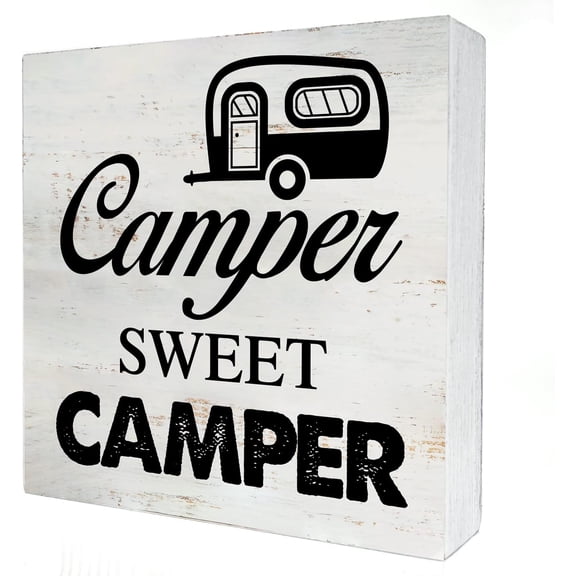Zomyto 5x5 Inches Camper Sweet Camper Camping Wooden Box Sign with Sayings Desk Decor Travel Trailer Box Sign Wood Block Sign Rustic Decor