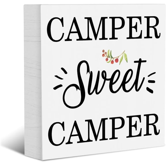 Zomyto 5x5 Inches Camping Theme Wood Box Sign, Camper Sweet Camper Wood Box Sign Block Plaque, Home Camping Desk Shelf Sign es