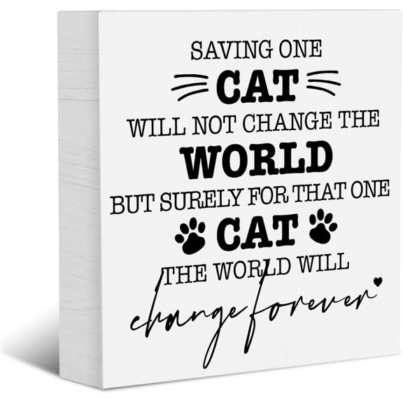 Zomyto 5x5 Inches Cat Rescue Decorative Signs Plaques Wooden Box Sign Desk Decor, Funny Farmhouse Rustic Cat Wood Block Plaque Box Sign
