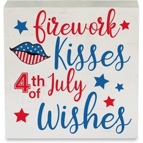Zomyto 5x5 Inches Country Patriotic America Theme Wood Box Sign Rustic Firework Kisses Wishes Wooden Box Sign Decorative Summer Sign