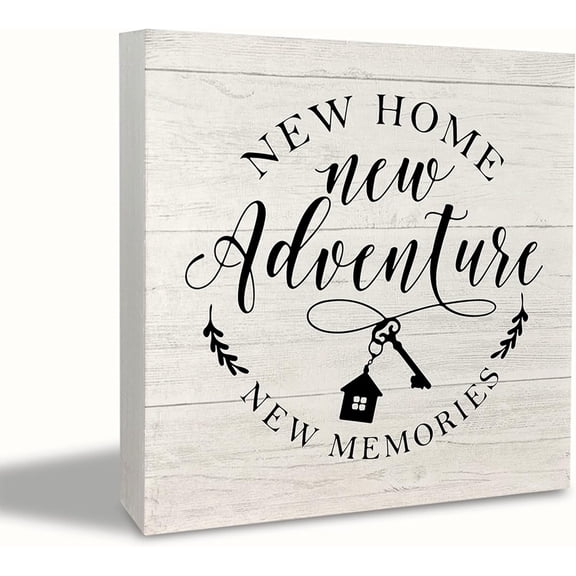 Zomyto 5x5 Inches Farmhouse New Home New Adventure New Memories Rustic Family Wood Block Plaque Box Sign Desk Decor
