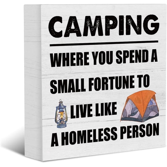 Zomyto 5x5 Inches Funny Camping Decor Wood Block Plaque Box Signs, Rustic Farmhouse Camping RV Office Decor Camping Quote Wooden Box Sign Camping Life Decoration