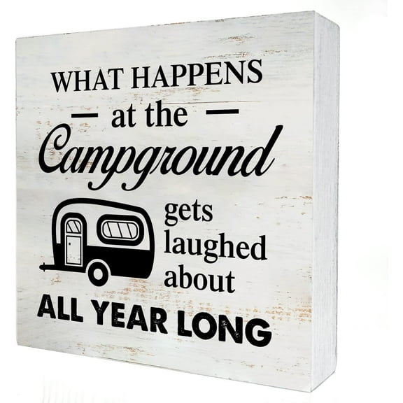 Zomyto 5x5 Inches What Happens at the Campground Gets Laughed About Camping Wooden Box Sign Desk Decor RV Camper Box Sign Wood Block Sign Rustic Decor