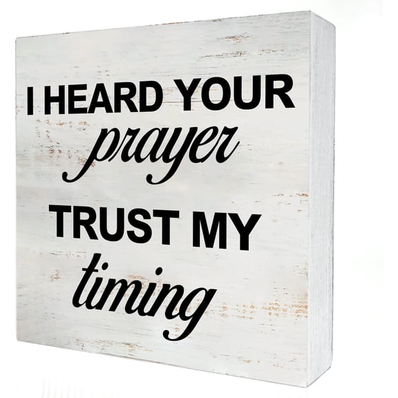 Zomyto 5x5 Inches I Heard Your Prayer Trust My Timing Wooden Box Sign with Saying Desk Decor Motivational Box Sign Wood Plaque Block Sign Rustic Art