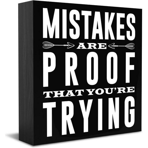 Zomyto 5x5 Inches Inspirational Quotes Desk Decor Wooden Box Sign Motivational Rustic Black Wood Block Plaque Box for Home Mistakes Are Proof That You Are Trying
