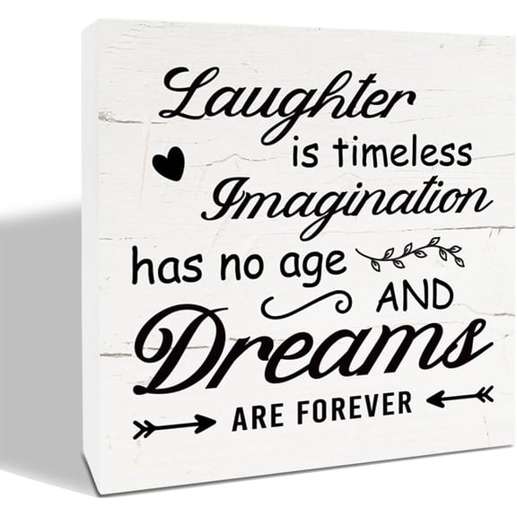 Zomyto 5x5 Inches Laughter is Timeless Sign, Inspirational Wood Sign, White Box Desk Decor, Positive Home Decor, Office Decor, Farmhouse Decor for Shelf