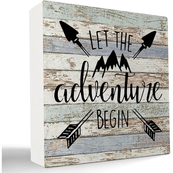 Zomyto 5x5 Inches Let the Adventure Begin Camping Wooden Box Sign Desk Decor,Rustic Wood Block Plaque Box Sign
