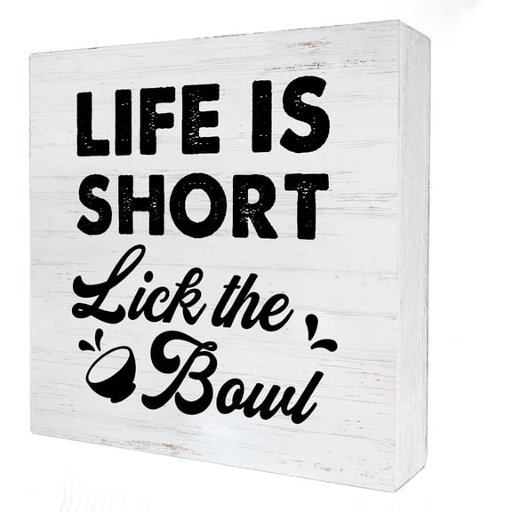 Zomyto 5x5 Inches Life is Short Lick the Bowl Wood Block Plaque Wood Box Sign Decor Funny Wooden Box Signs with Sayings Desk Decoration