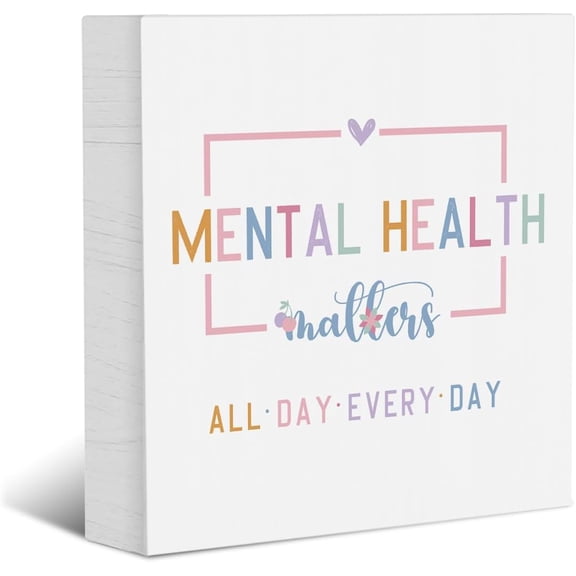 Zomyto 5x5 Inches Mental Health Mental Health Gifts Desk Decor Accessories Self Love Wooden Box Sign Positive Gifts for Psychologist Pharmacist Counselor Table Shelf Counter Wall Decorative Quotes
