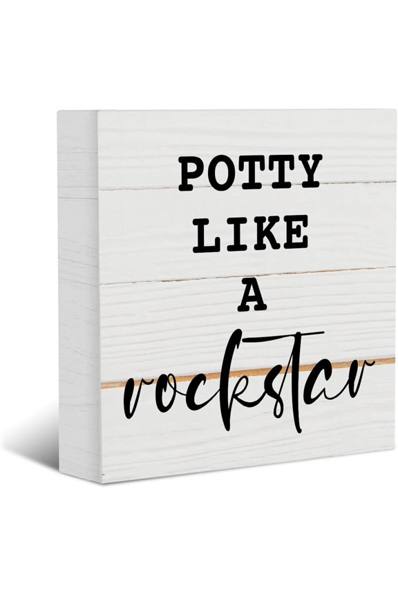 5x5 Inches Rustic Wooden Box Sign,Wood Block Plaque Desk Decor Shelf Table Decoration for Guest, Potty Like A Rockstar