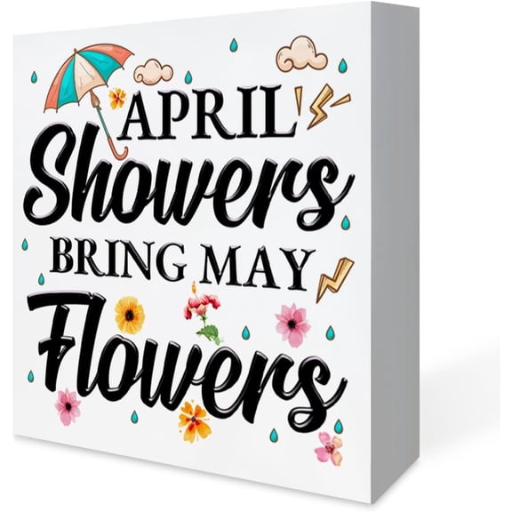 Zomyto 5x5 Inches Spring Decor April Showers Bring May Flowers Wooden Sign, Farmhouse Spring Desk Decorations Wood Plaque Block Sign