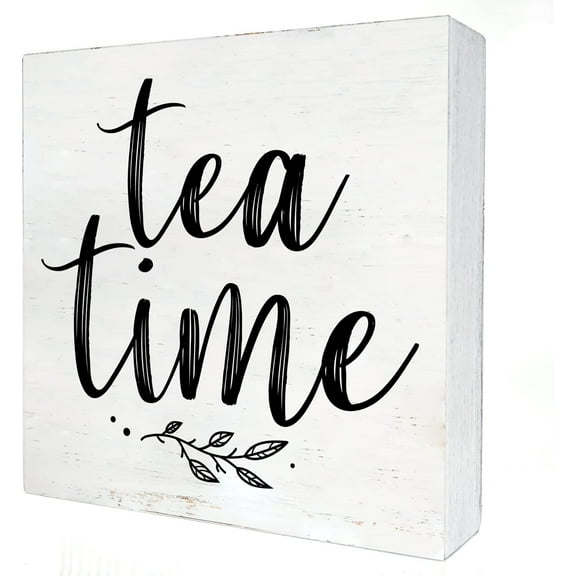 Zomyto 5x5 Inches Tea Time Wooden Box Sign with Saying Desk Decor Farmhouse Tea Lovers Box Sign Wood Plaque Block Sign Rustic Home Decor
