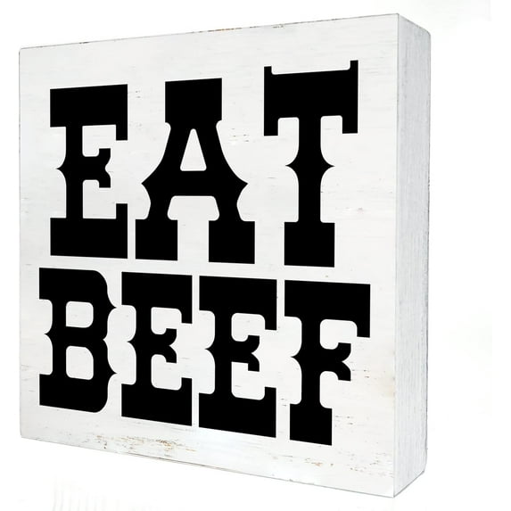 Zomyto 5x5 Inches Western Wooden Box Sign with Saying Desk Decor Eat Beef Box Sign Wood Plaque Block Sign Rustic Home Cowboy Decor