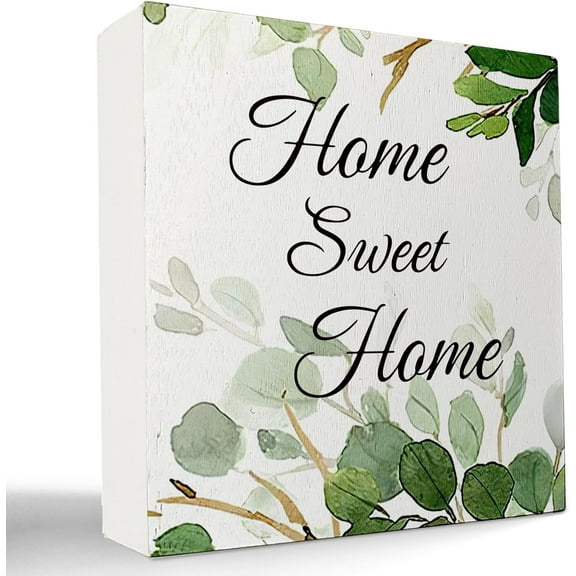 Zomyto 5x5 Inches home sweet home Wooden Box Sign Desk Decor,Watercolor Eucalyptus Leaves Wood Box Sign
