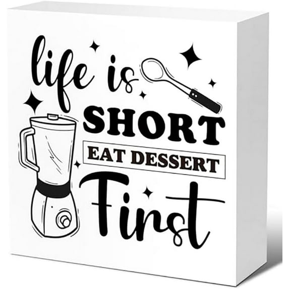Zomyto 5x5 inches Rustic Life Is Short Eat Dessert First Kitchen Sign Decor Funny Kitchen Wood Block Signs Farmhouse Kitchen Wooden Box Sin Decor