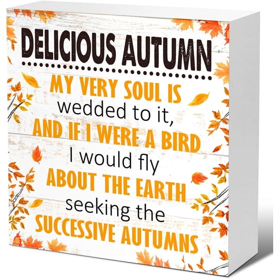 Zomyto 7"x7" Autumn Desk Decor,Rustic Fall Decor,Autumn Wood Block,Delicious Autumn Poems Wooden Box Sign,Farmhouse Fall Decor