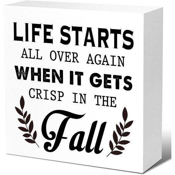 Zomyto 7"x7" Autumn Desk Decor,Rustic Fall Decor,Autumn Wood Block,Life Starts All over Again When It Gets Crisp in the Fall Wood Box Sign