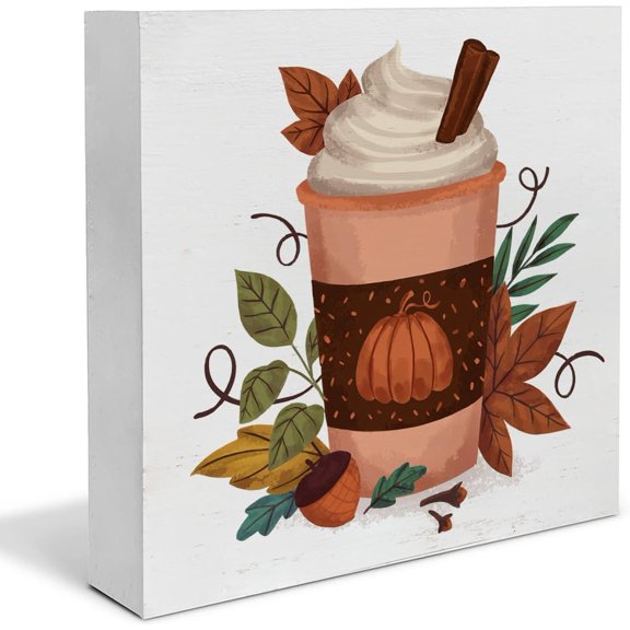 Zomyto 7"x7" Autumn Wood Box Sign Art Desk Decor Coffee Lover Wood Block Sign Farmhouse Fall Latte Sign Decor