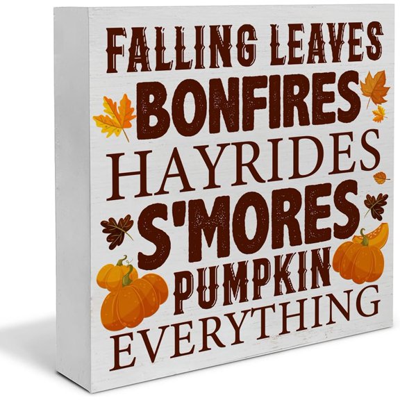 Zomyto 7"x7" Autumn Wood Box Sign Art Desk Decor Fall Wood Block Sign with Saying Autumn Pumpkins Sign