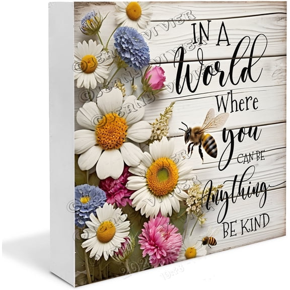Zomyto 7"x7" Bee In a World You Can Be Anything Wooden Box Sign Shelf Decor for Office