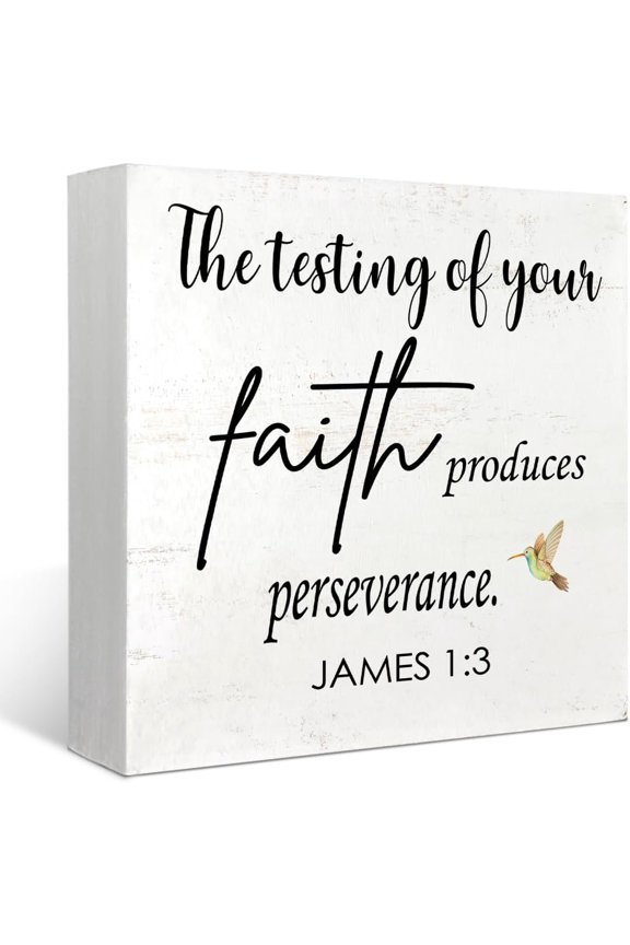 7"x7" Bible Verse The Testing of Your Faith Produces Perseverance Table Wood Box Sign,Religious Scripture Wood Block Plaque