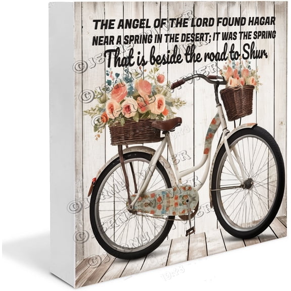 Zomyto 7"x7" Bicycle & Flower Bible Verse The angel of the LORD found Hagar near a spring in the desert Wooden Box Sign Centerpiece Wooden Box