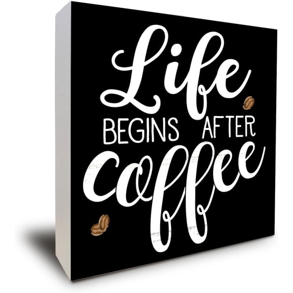 Zomyto 7"x7" Coffee Decor Wooden Box Sign Desk Decor,Life Begins After Coffee,Wood Box Sign Block Coffee Table Decorations