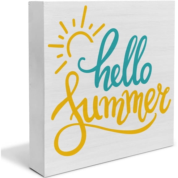 Zomyto 7"x7" Country Hello Summer Sun Wood Box Sign Decor Desk Sign Summer Quote Sun Wooden Box Block Sign