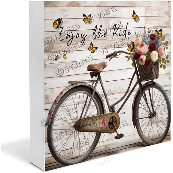 Zomyto 7"x7" Enjoy The Ride Bicycle & Flower Wooden Box Sign Decorative Centerpieces for Shelf